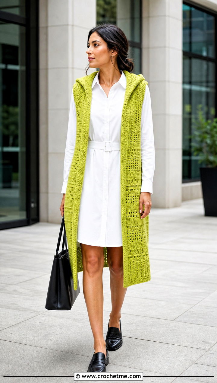 Sleeveless Hooded Crochet Cardigan With Shirt Dress - 35 hooded crochet cardigan outfit ideas