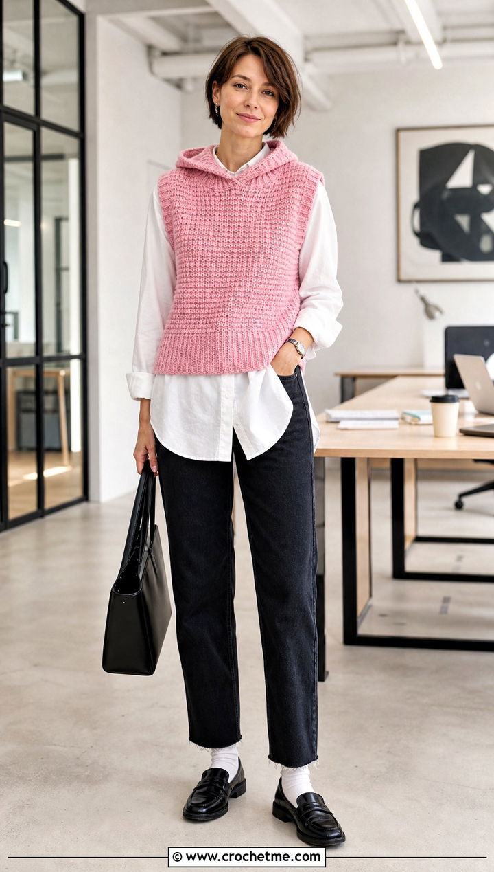 Sleeveless Hooded Crochet Sweater With Button Down Shirt - 25 Hooded Crochet Sweater outfit ideas