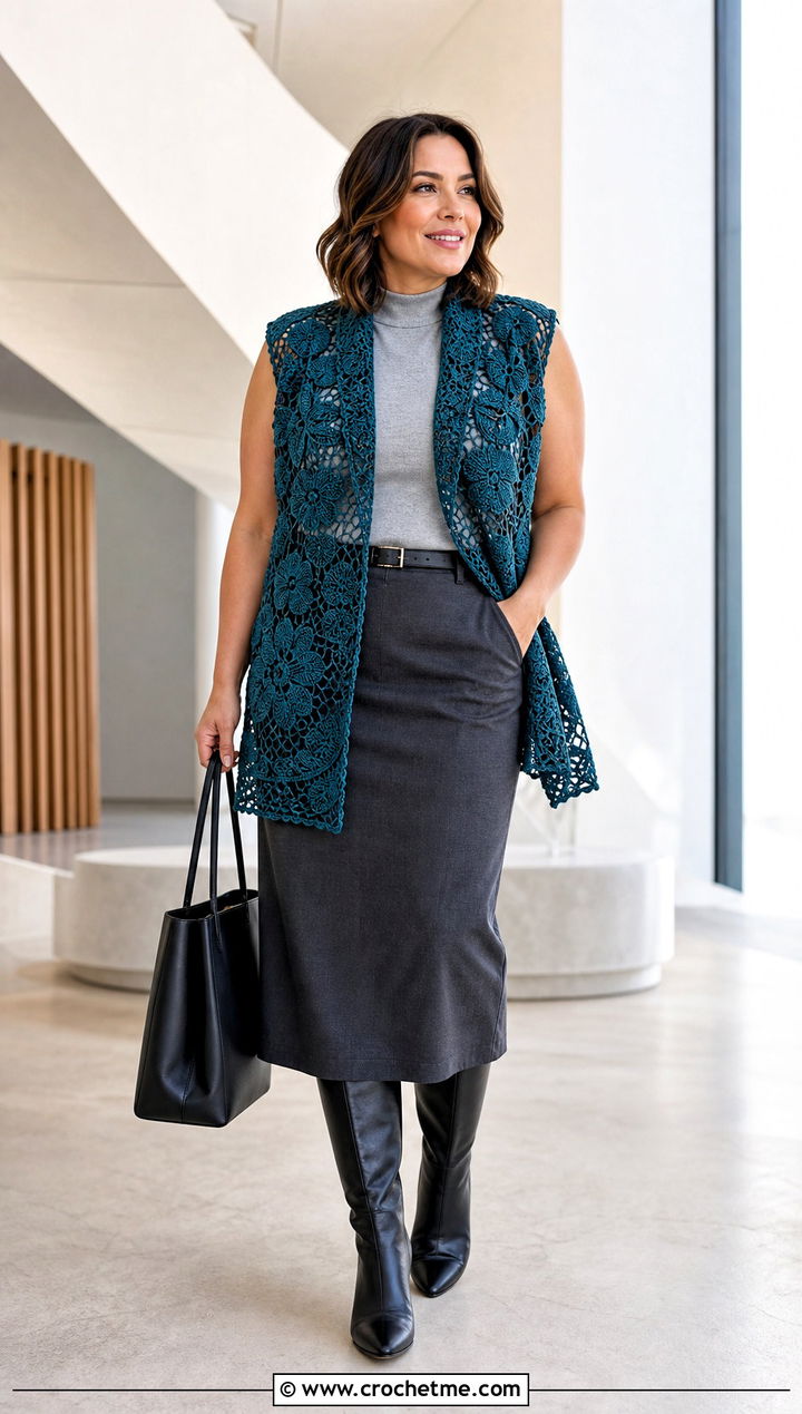 Sleeveless Irish Lace Crochet Jacket With Column Midi Skirt - 15 irish lace crochet jacket outfit ideas