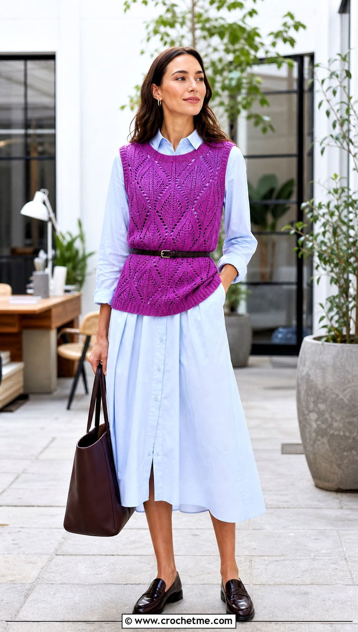 Sleeveless Leaf Sweater Vest With Poplin Shirt Dress - 25 crochet leaf sweater outfit ideas