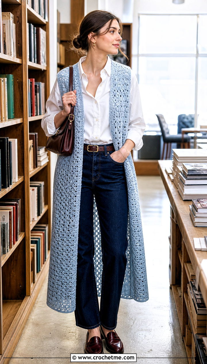 Sleeveless Long Crochet Duster With Button Down Shirt - 25 Long Crochet Duster outfit ideas