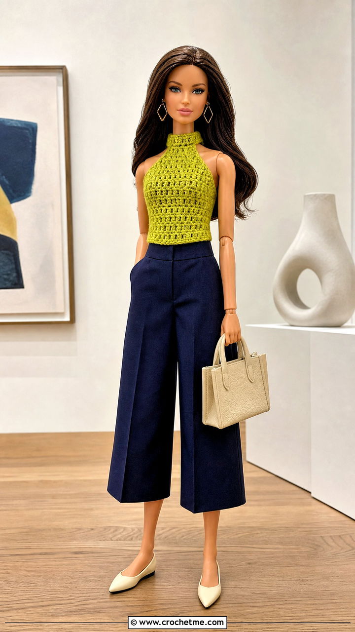 Sleeveless Mock Neck Crochet Doll Shirt With Culottes - 35 crochet doll shirt outfit ideas