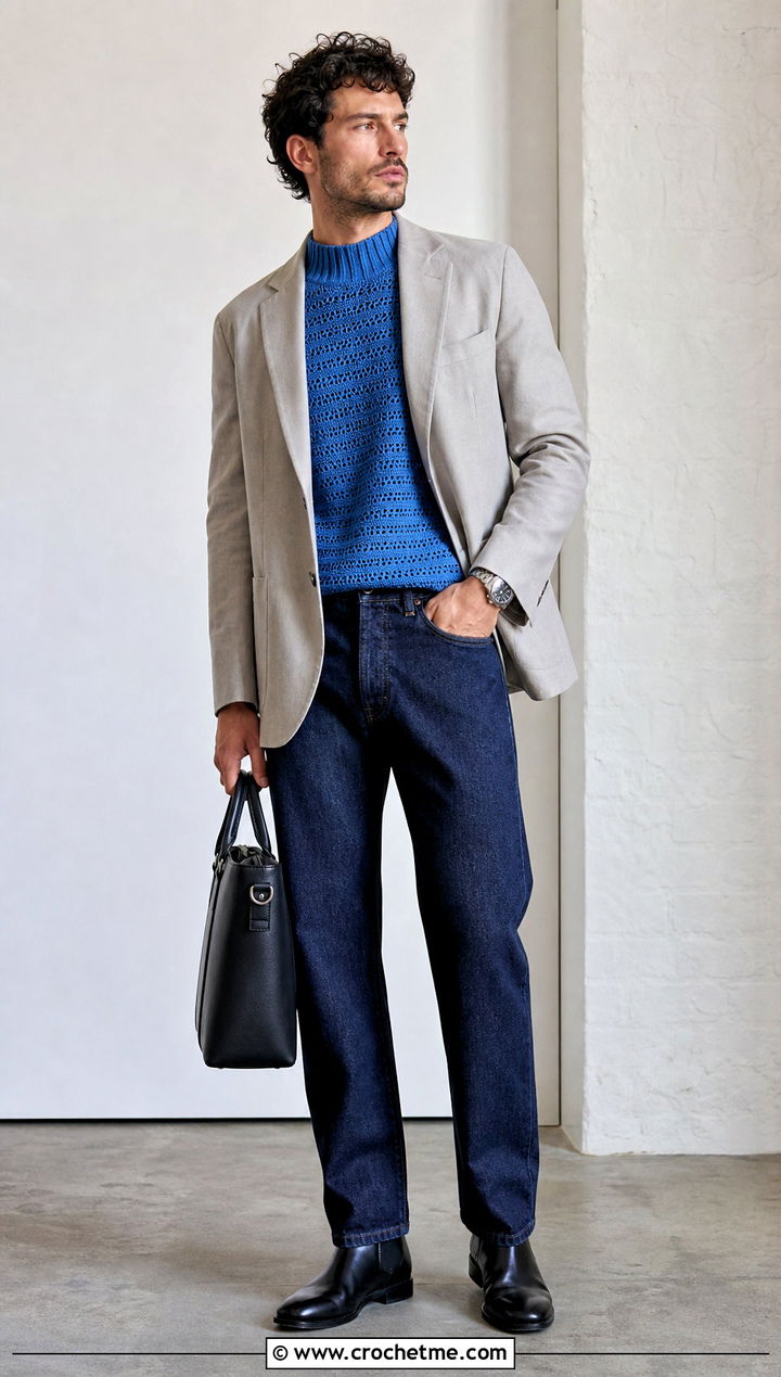 Sleeveless Mock Neck Crochet Top With Blazer And Jeans - 35 Mens Crochet Top outfit ideas
