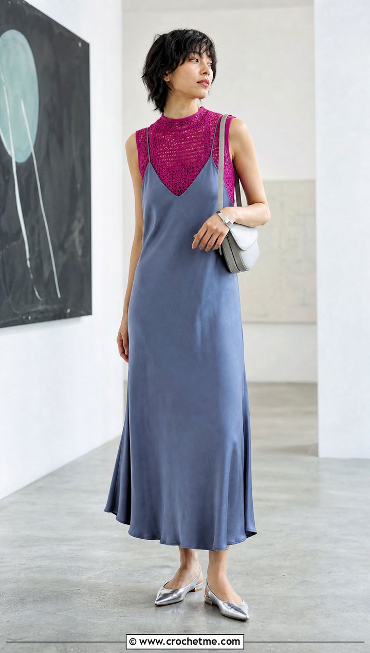 Sleeveless Mock Neck Crochet Top With Slip Dress - 25 lightweight crochet top outfit ideas