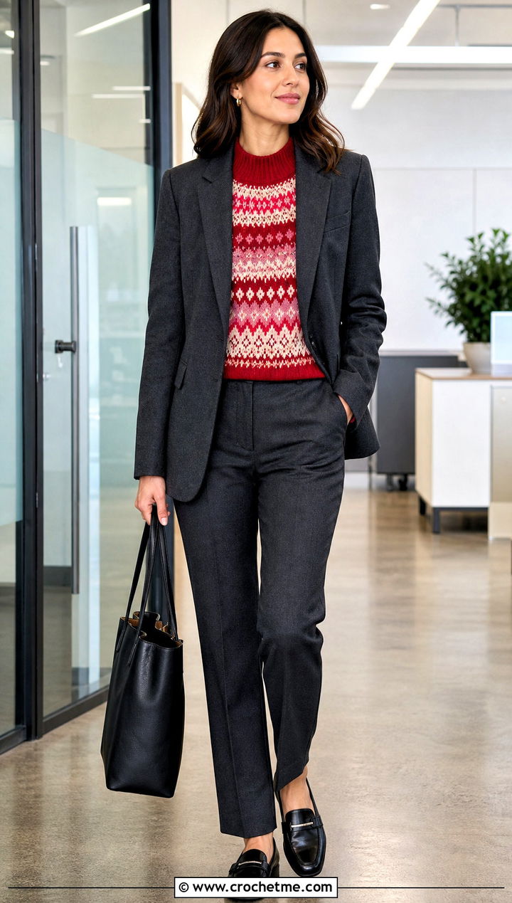 Sleeveless Mock Neck Fair Isle Crochet Sweater With Suit - 25 fair isle crochet sweater outfit ideas