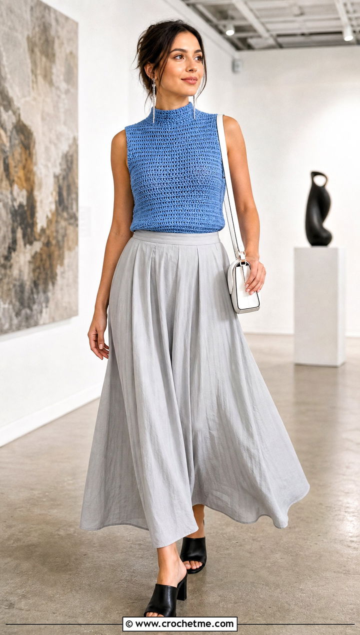 Sleeveless Mock Neck Tunisian Crochet Top With Maxi Skirt - 30 tunisian crochet top outfit ideas