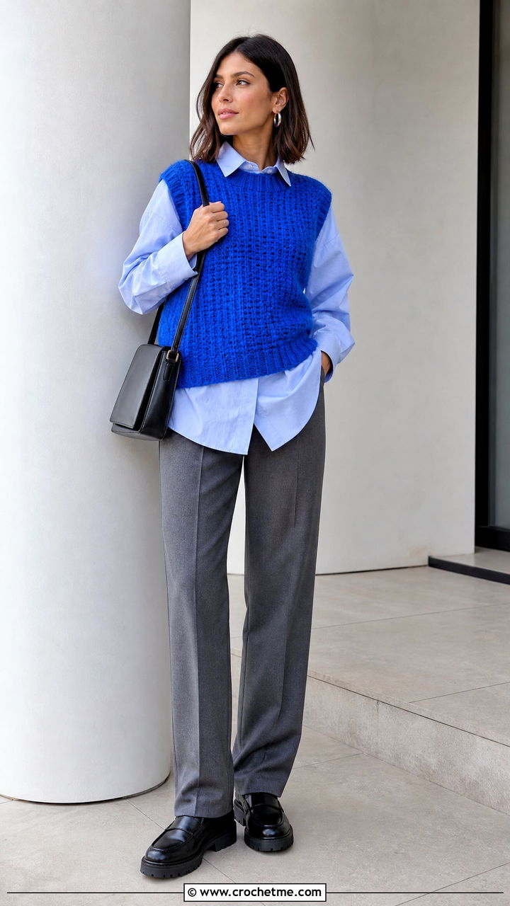Sleeveless Mohair Crochet Sweater Vest With Poplin Shirt - 35 mohair crochet sweater outfit ideas