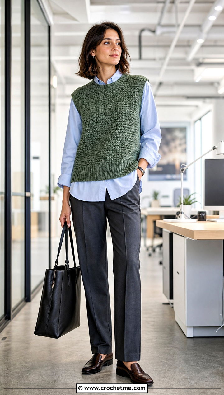 Sleeveless Moss Stitch Crochet Sweater With Poplin Shirt - 25 Moss Stitch Crochet Sweater outfit ideas