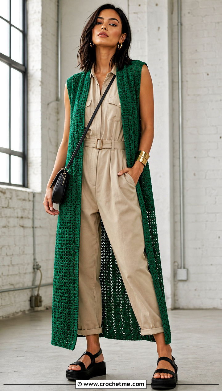 Sleeveless One Piece Crochet Cardigan With Utility Jumpsuit - 35 one piece crochet cardigan outfit ideas