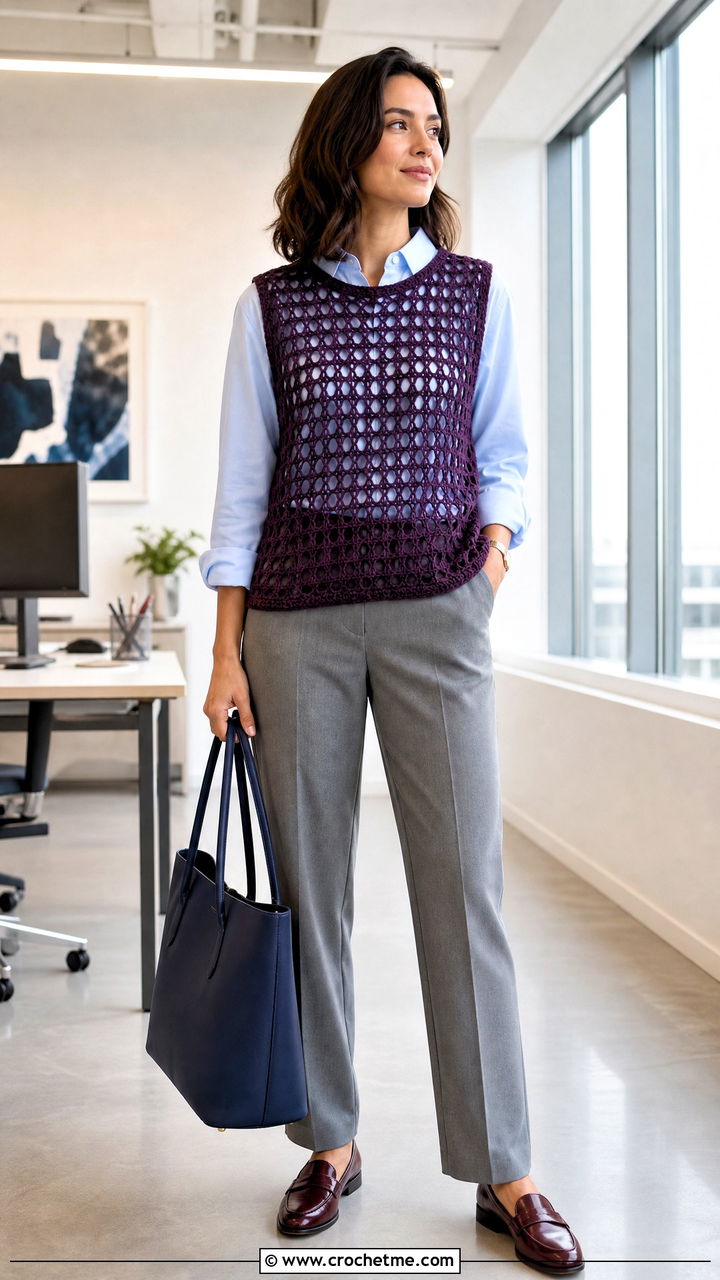 Sleeveless Openwork Layer Top With Button Down Shirt - 35 crochet net top outfit ideas