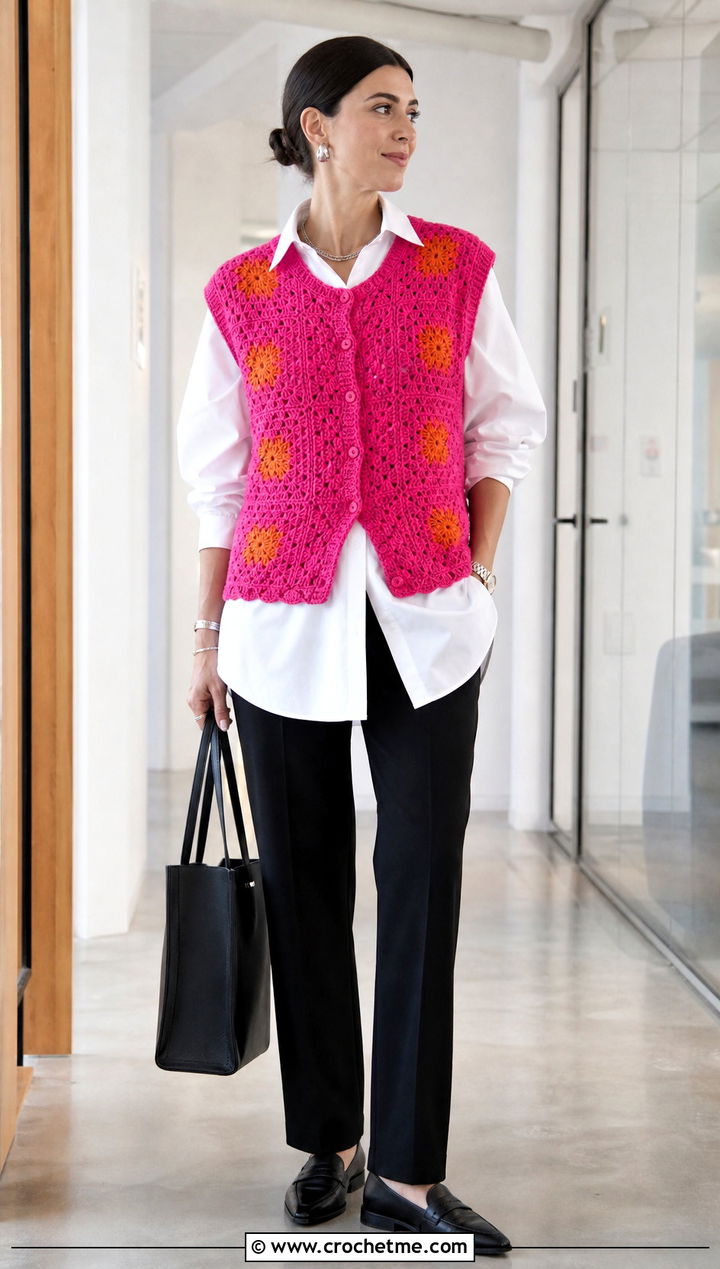Sleeveless Pink Granny Square Cardigan With a Poplin Shirt - 35 pink granny square cardigan outfit ideas