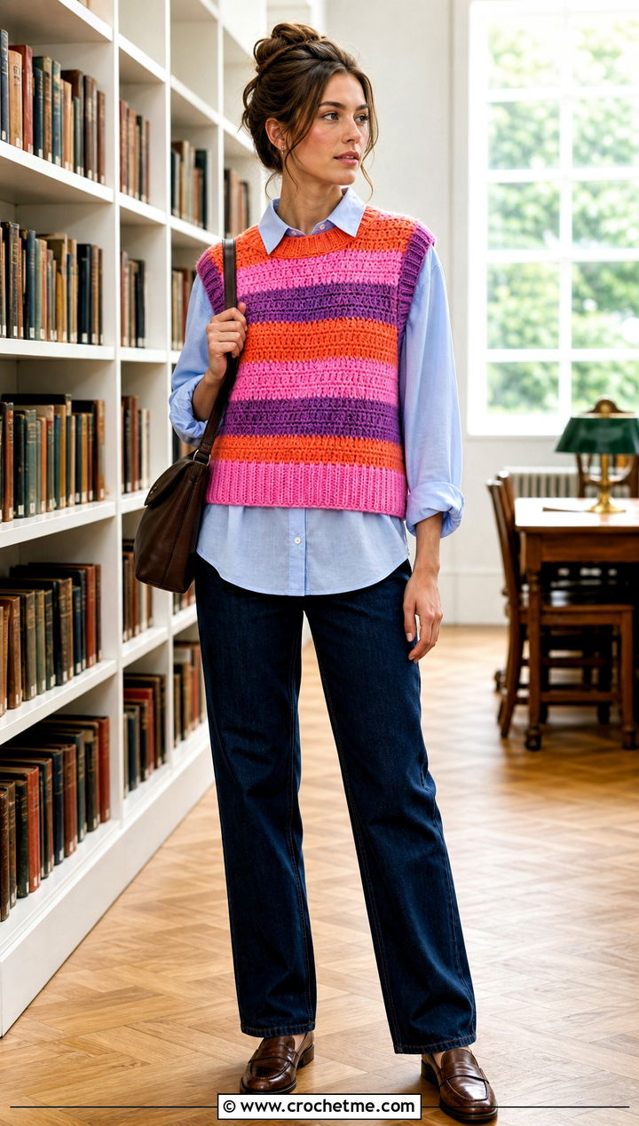 Sleeveless Princess Bubblegum Crochet Sweater With Button Down Shirt - 15 Crochet Princess Bubblegum Sweater outfit ideas