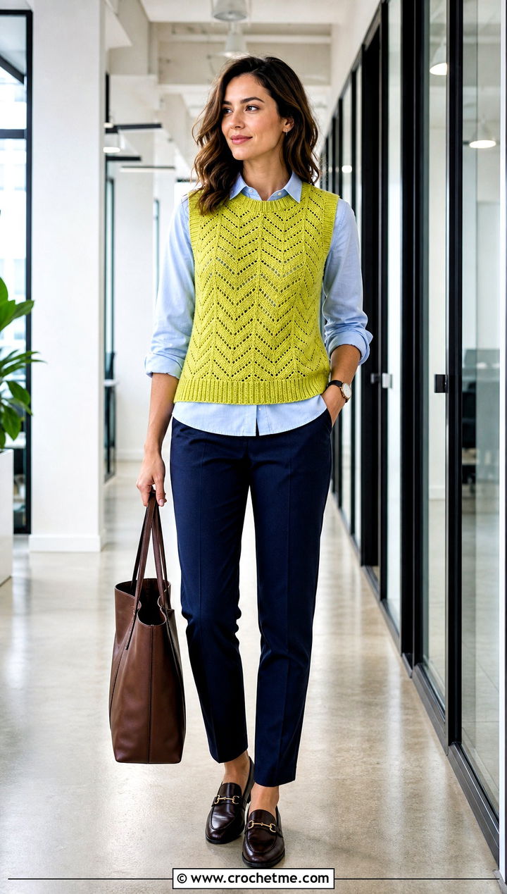 Sleeveless Ripple Sweater With Button Down Shirt - 30 crochet ripple sweater outfit ideas
