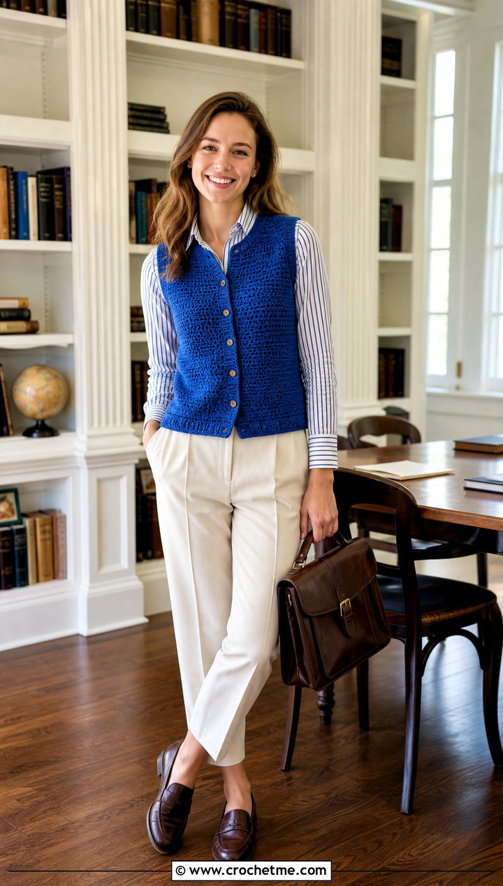Sleeveless Sport Weight Crochet Cardigan With Striped Shirt - 20 Crochet Cardigan Sport Weight Yarn outfit ideas