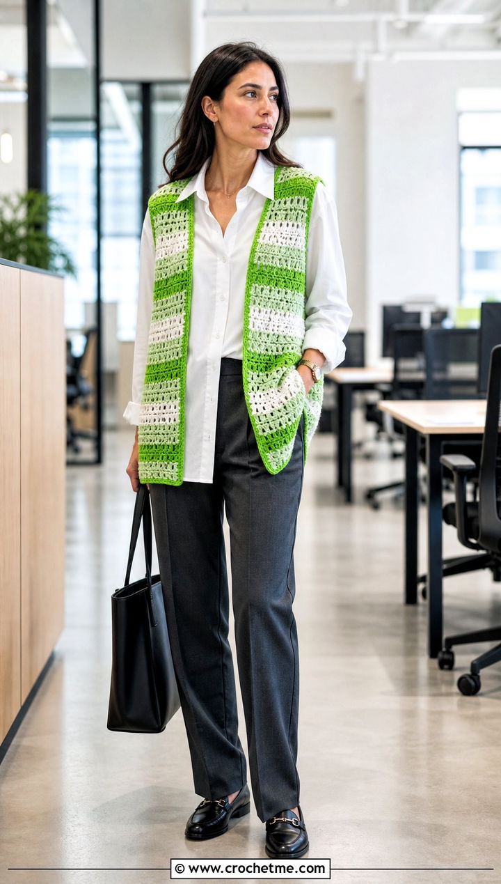 Sleeveless Stripe Crochet Cardigan With Poplin Shirt - 25 striped crochet cardigan outfit ideas