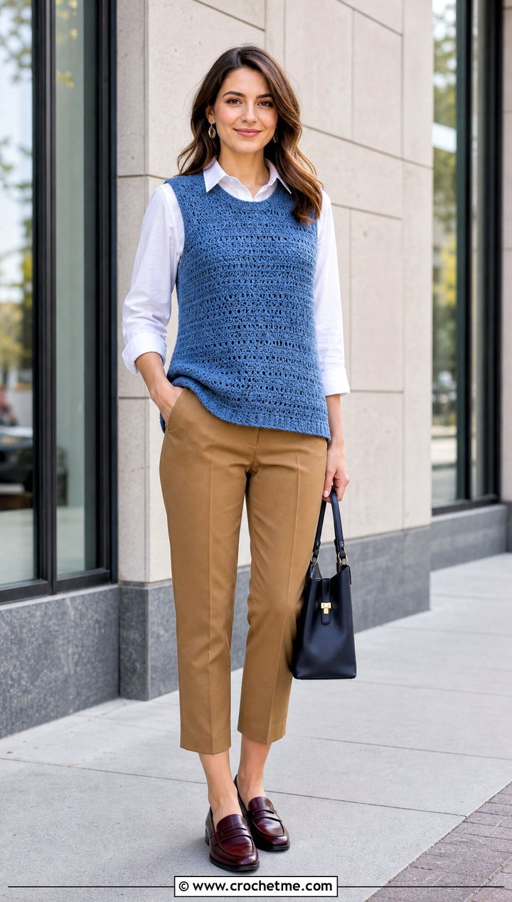 Sleeveless Triple Crochet Sweater With Button Down Shirt - 20 Triple Crochet Sweater outfit ideas