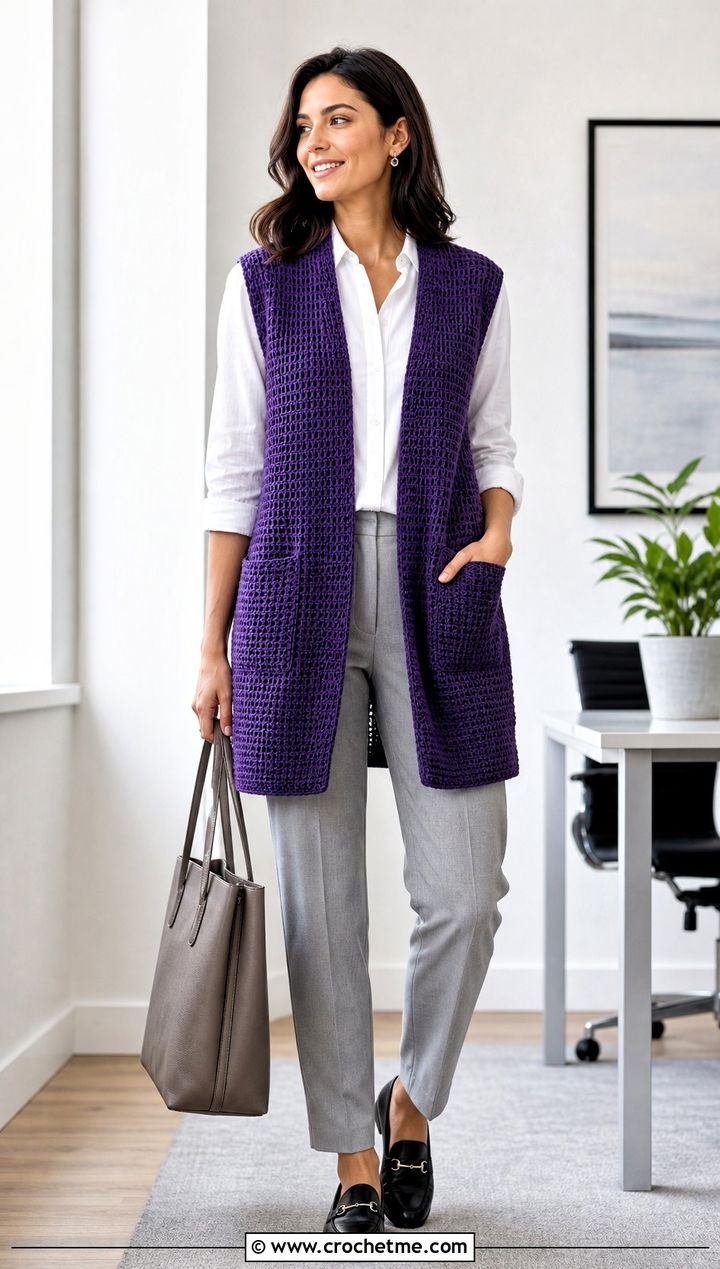 Sleeveless Tunisian Cardigan With White Shirt - 35 tunisian crochet cardigan outfit ideas