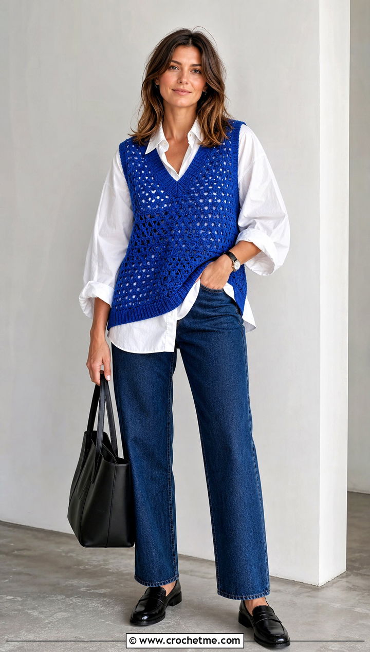 Sleeveless V Neck Crochet Vest With Poplin Shirt And Jeans - 35 v neck crochet top outfit ideas