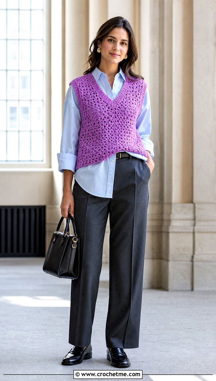 Sleeveless V Stitch Crochet Sweater Vest With Button Down Shirt - 25 V Stitch Crochet Sweater outfit ideas