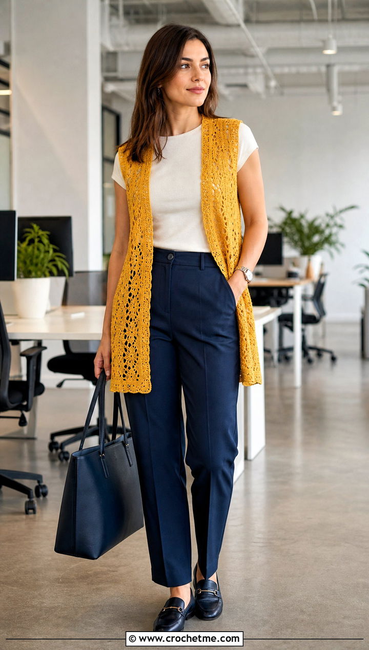 Sleeveless Vest Crochet Coverup With Tailored Trousers - 35 crochet coverups outfit ideas