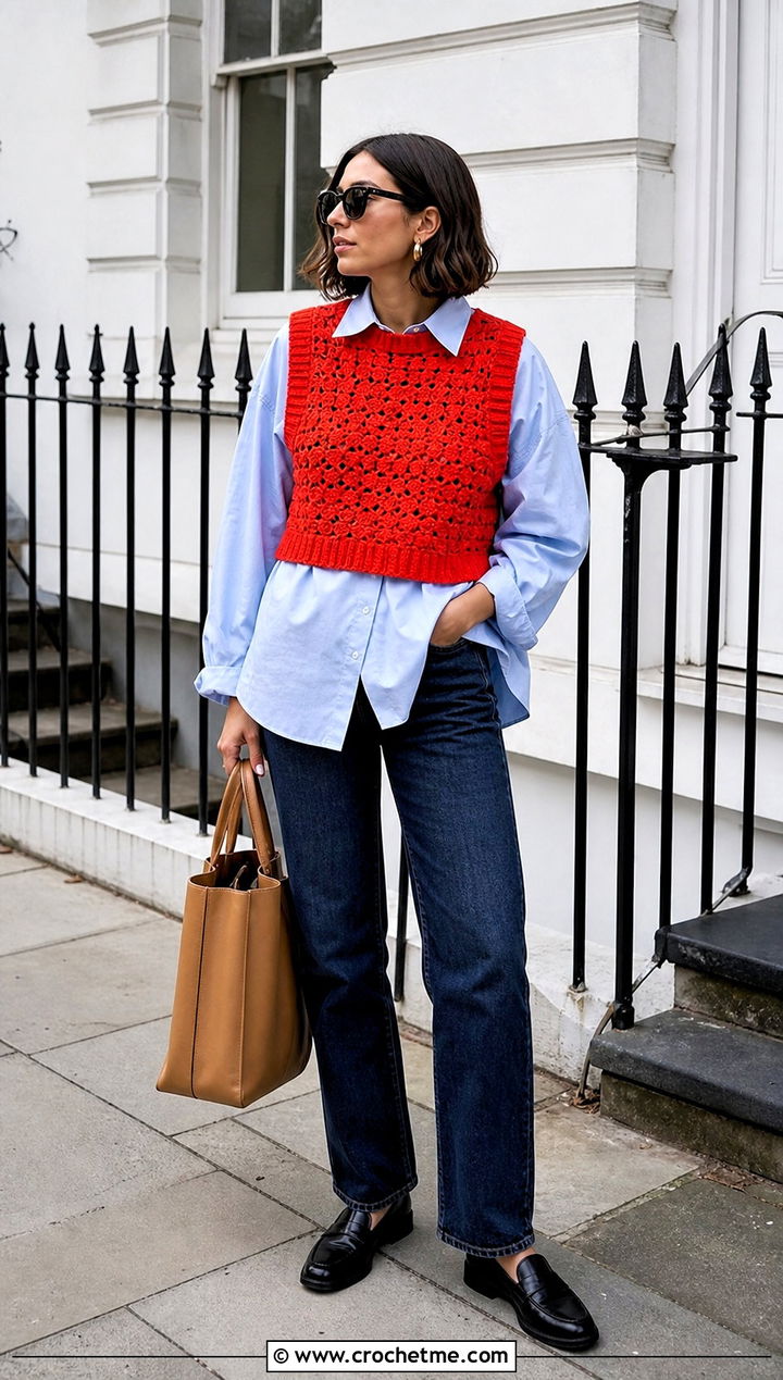 Sleeveless Vest Cropped Crochet Sweater Over A Poplin Shirt - 35 crop crochet sweater outfit ideas