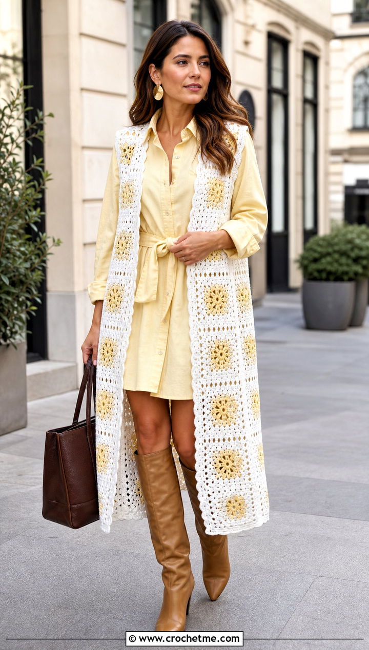 Sleeveless White Crochet Kimono Vest With Shirt Dress - 15 White Crochet Kimono outfit ideas