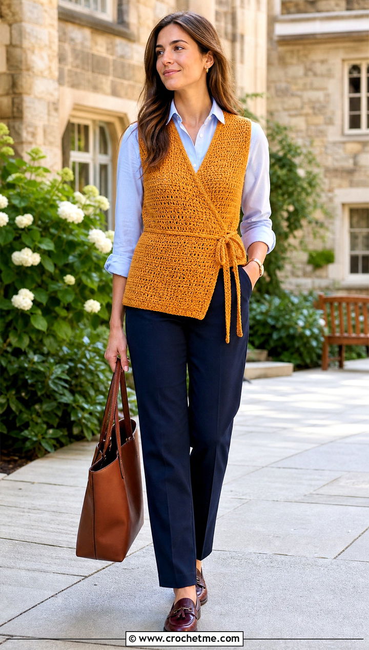 Sleeveless Wrap Crochet Cardigan With Button Down Shirt - 30 wrap crochet cardigan outfit ideas