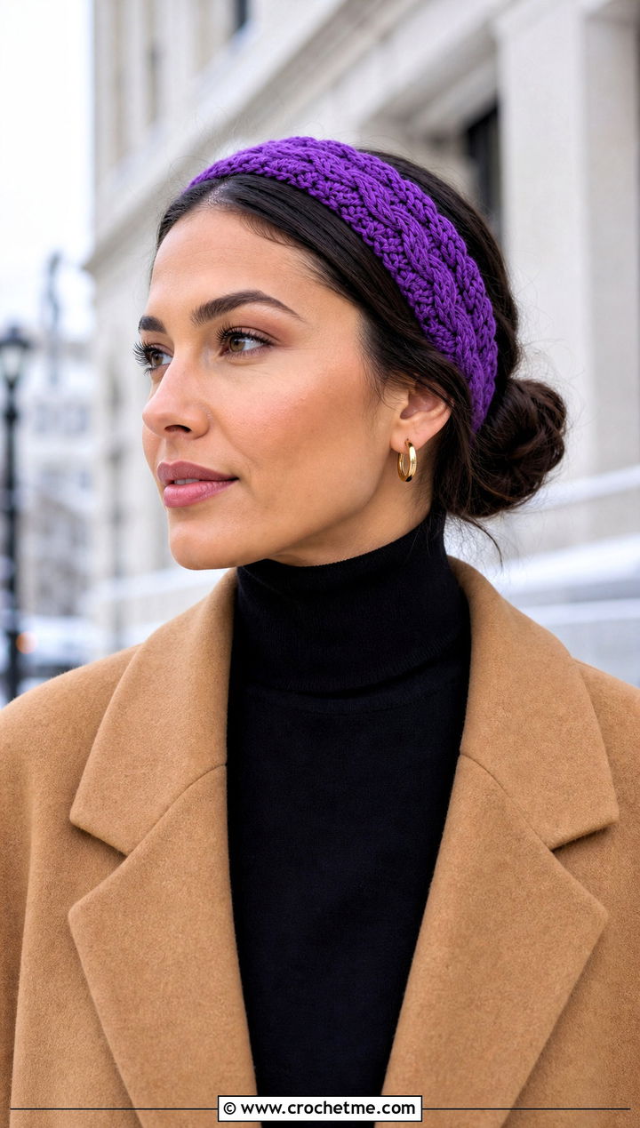 Slim Cable Stitch Crochet Headband With Wool Coat - 15 Cable Stitch Crochet Headband outfit ideas