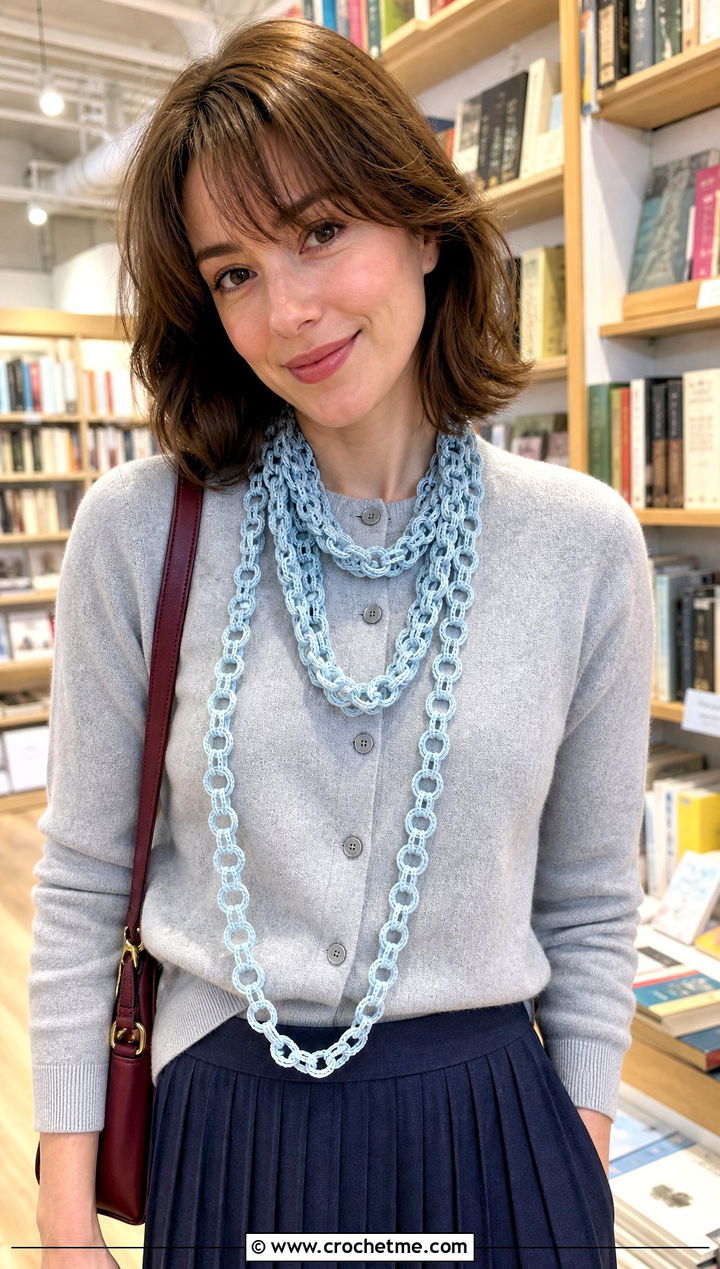 Slim Chain Link Scarf With Cardigan And Pleated Skirt - 25 Crochet Chain Link Scarf outfit ideas