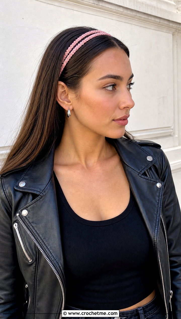 Slim Chain Stitch Crochet Hair Headband With Leather Jacket And Jeans - 30 crochet hair headband outfit ideas