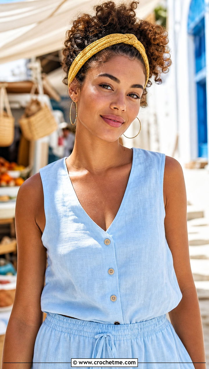Slim Cotton Crochet Twist Headband With Linen Outfit - 30 crochet twist headband outfit ideas