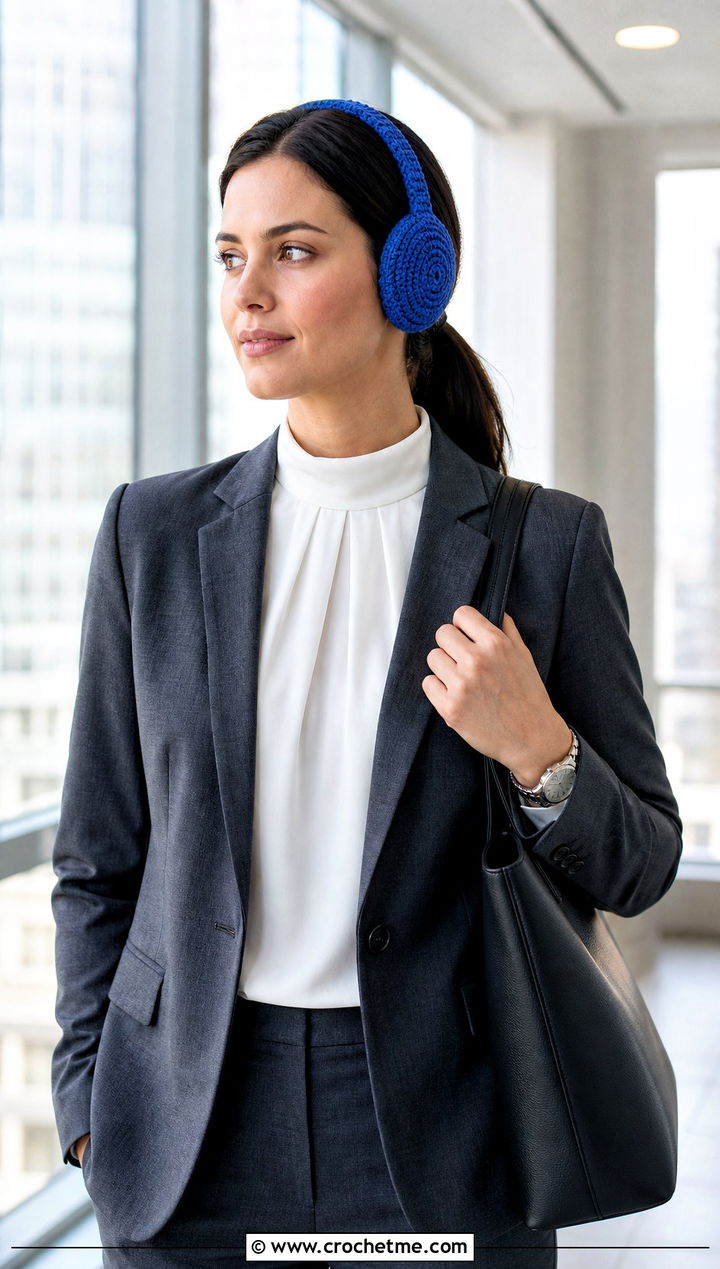 Slim Crochet Earmuffs Headband With Office Suit - 25 Crochet Earmuffs Headband outfit ideas