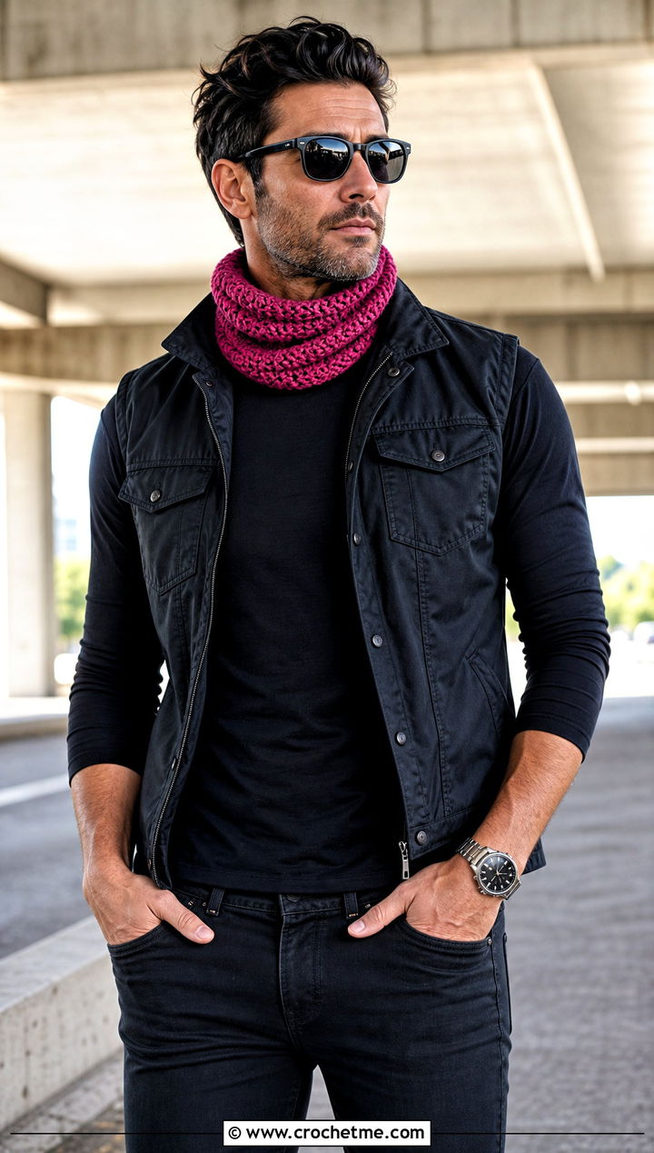 Slim Crochet Neck Gaiter With Moto Vest - 25 Men Crochet Cowl outfit ideas