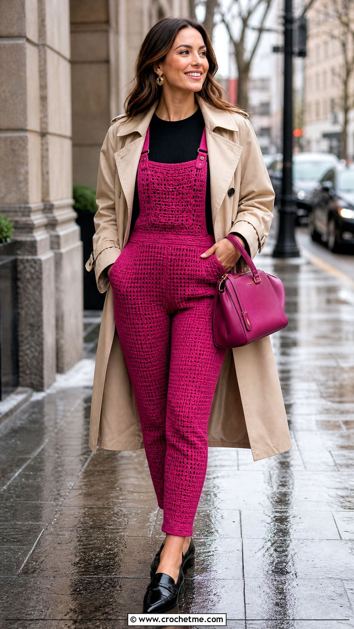Slim Fit Crochet Overalls With Trench Coat - 35 crochet overalls outfit ideas