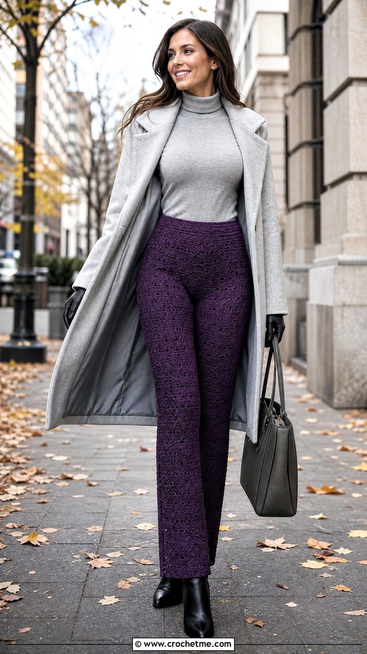 Slim Fit Crochet Trousers With Oversized Coat - 35 crochet trousers outfit ideas
