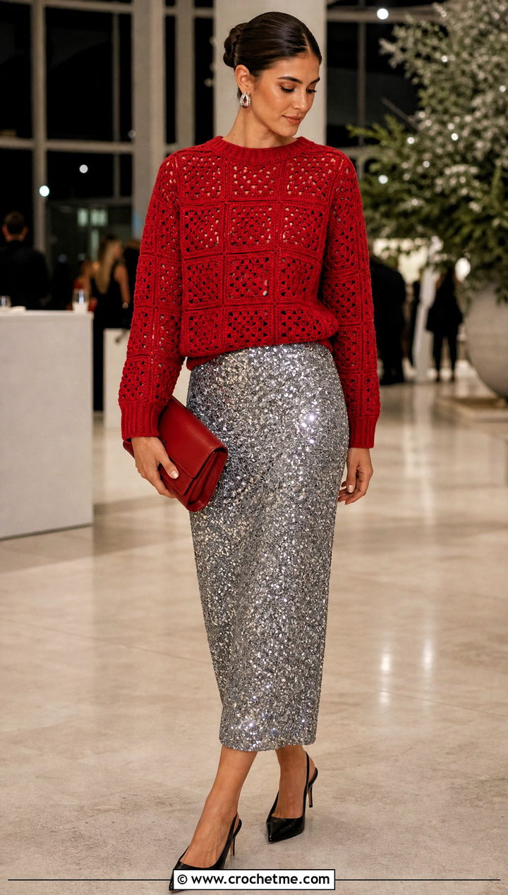 Slim Fit Granny Square Pullover Sweater With Sequin Midi Skirt - 35 Granny Square Pullover Sweater outfit ideas