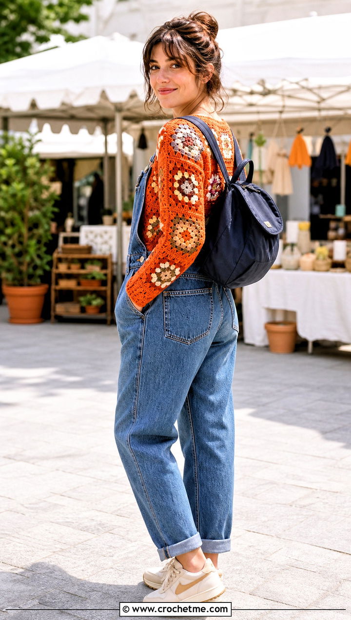 Slim Granny Square Crochet Long Sleeve Top With Denim Overalls - 25 Granny Square Crochet Long Sleeve Top outfit ideas