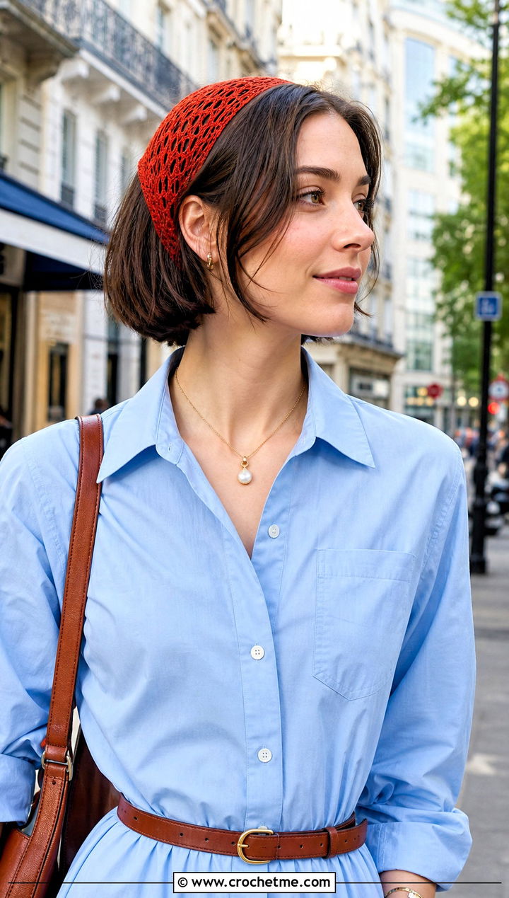 Slim Lace Crochet Ear Wrap With Shirt Dress - 20 crochet ear wrap outfit ideas