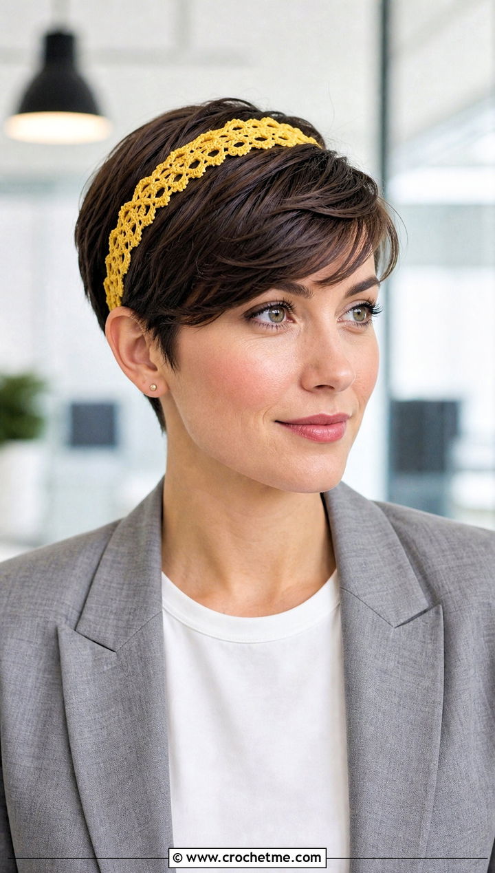 Slim Lace Crochet Headband With Blazer And Trousers - 25 crochet headband for short hair outfit ideas