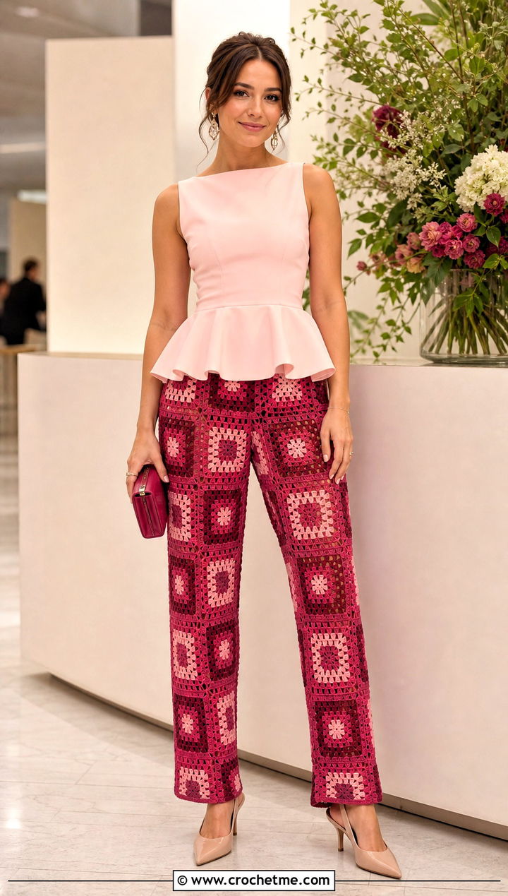 Slim Leg Granny Square Trousers With Peplum Top - 35 granny square trousers outfit ideas