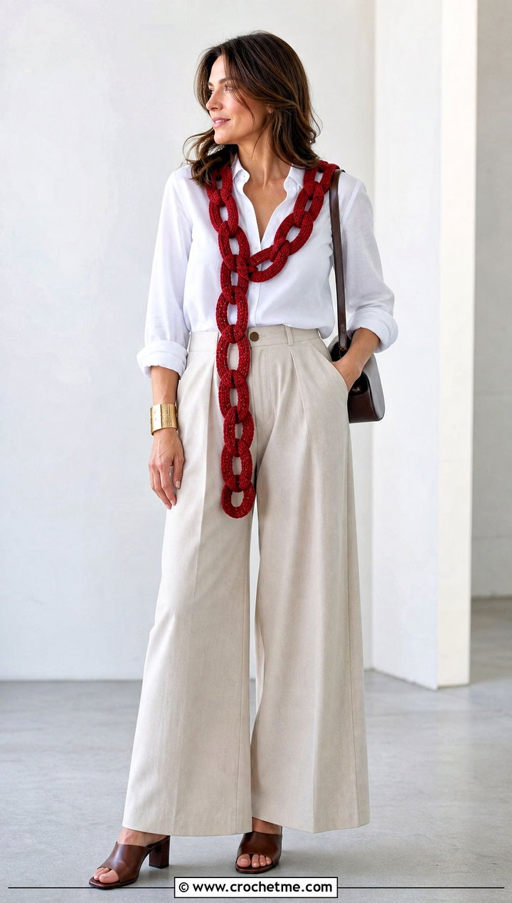 Slim Link Crochet Chain Scarf With White Shirt And Wide Leg Pants - 15 Chain Link Crochet Scarf outfit ideas