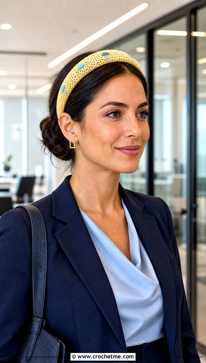 Slim Mushroom Hairband With Office Suit - 25 mushroom crochet headband outfit ideas