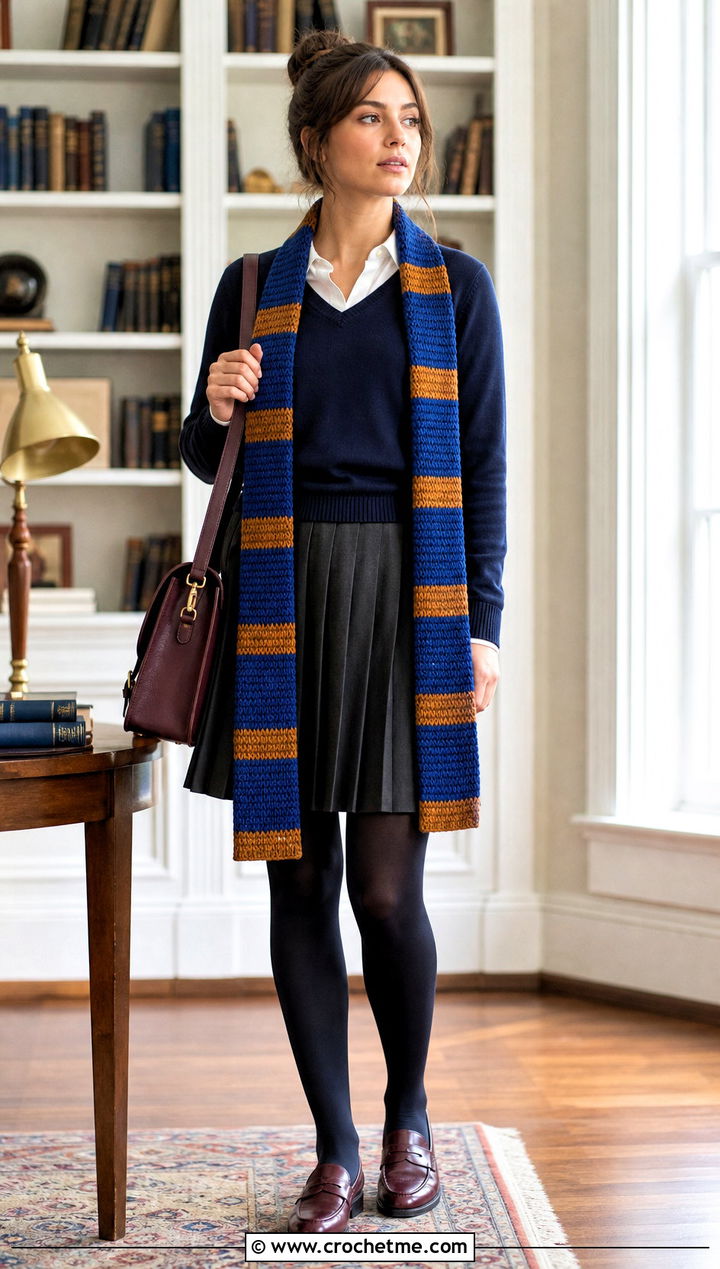 Slim School Crochet Ravenclaw Scarf With Pleated Skirt - 35 crochet ravenclaw scarf outfit ideas