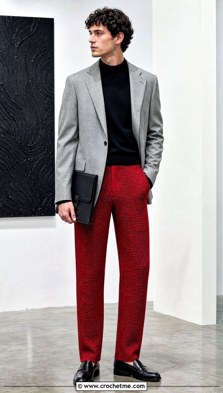 Slim Straight Crochet Trousers With Relaxed Blazer - 15 crochet men pants outfit ideas