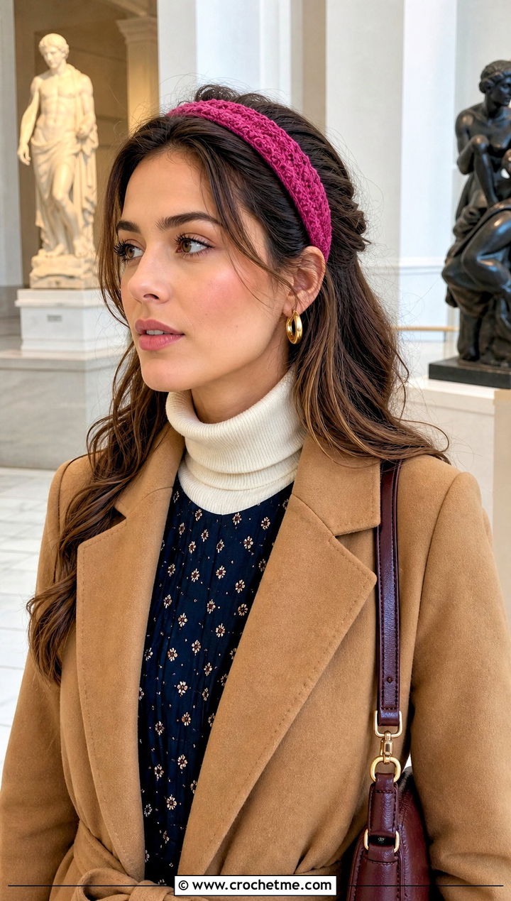 Slim Textured Crochet Headband With Layered Dress - 25 Easy Crochet Winter Headband outfit ideas