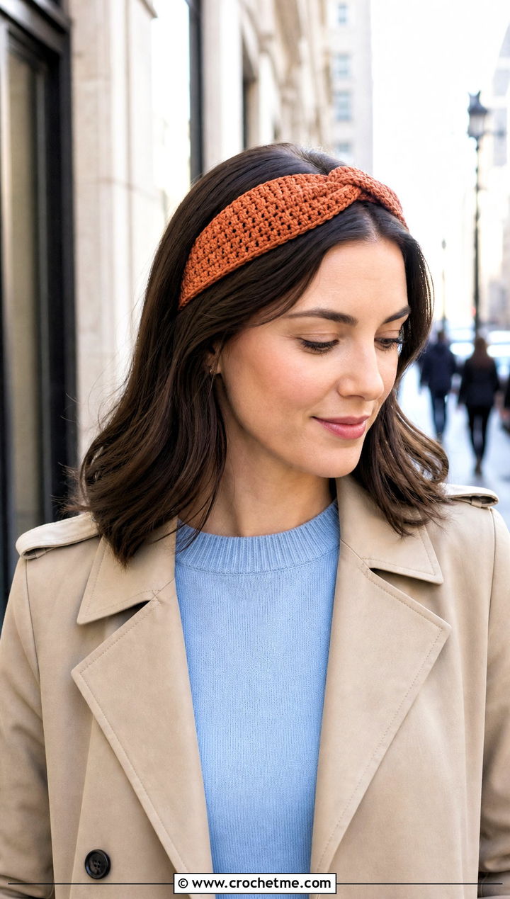 Slim Twisted Knot Crochet Headband With Trench Coat - 15 Twisted Knot Crochet Headband outfit ideas