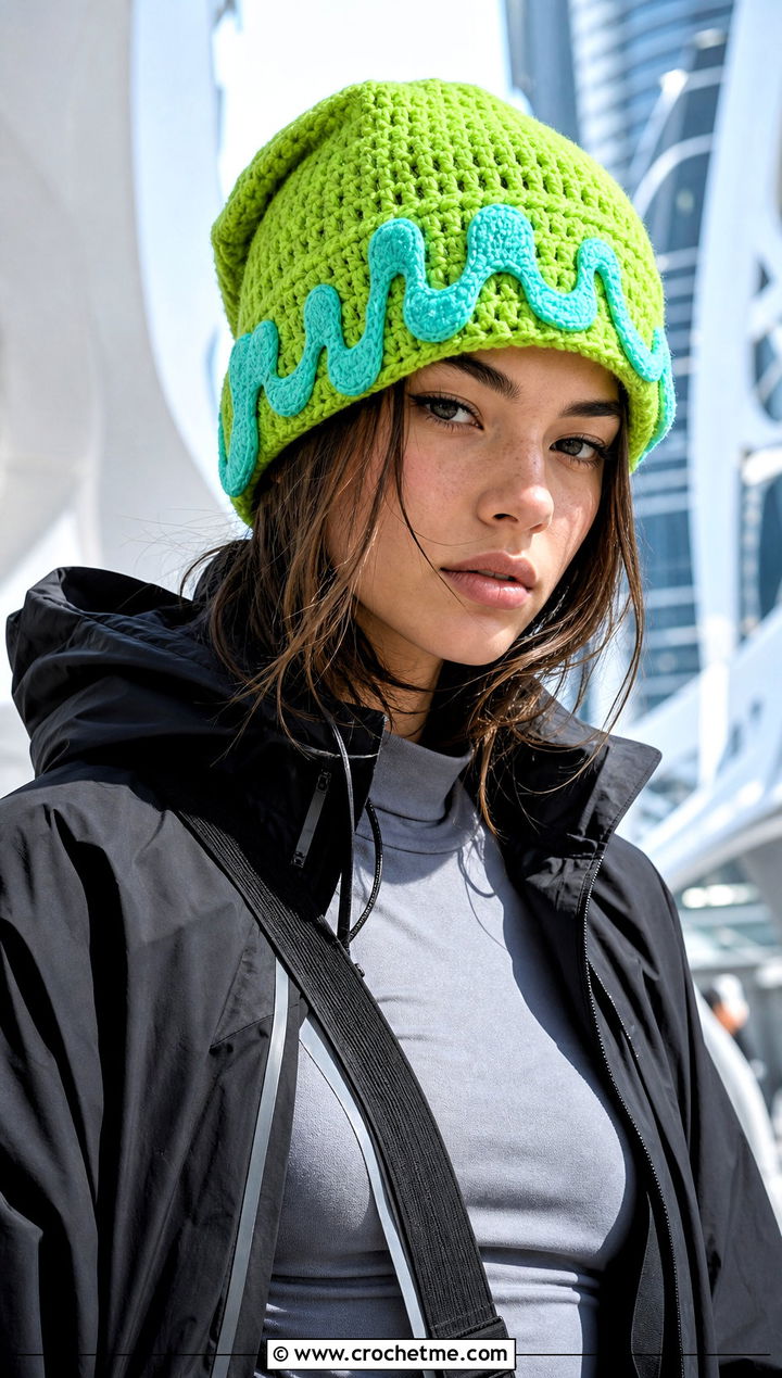 Slime Drip Beanie With Techwear Outfit - 25 Halloween Crochet Beanies outfit ideas