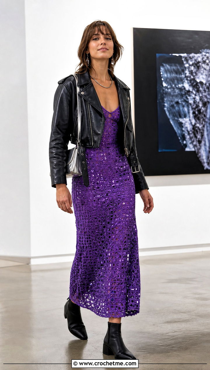 Slip Crochet Sequin Dress With Leather Moto Jacket - 35 crochet sequin dress outfit ideas