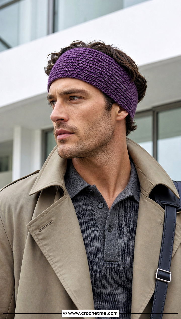 Slip Stitch Crochet Headband With Trench Coat - 25 men's crochet headband outfit ideas