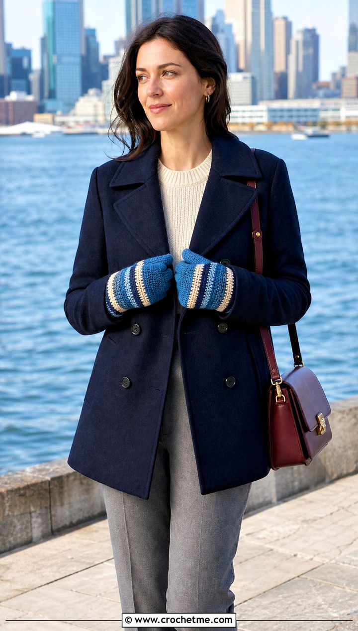 Slip Stitch Striped Crocheted Mittens With Peacoat - 30 Crocheted Mittens outfit ideas